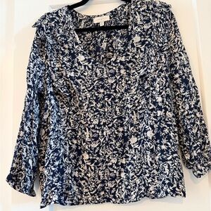 Lucky Brand Navy and White Floral V-Neck Blouse